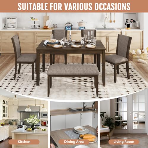 Zevemomo 6-Piece Solid Wood Dining Table Set, Including 1 Dining Table, 4 Upholstered Chairs and 1 Bench, Farmhouse Wooden Legs Dining Table Set for Living Room, Kitchen, Dark Walnut Zevemomo