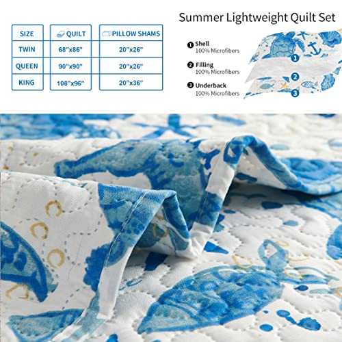 Coastal Beach Quilt Set - Queen Size Ocean Bedding Reversible Quilt Sea Turtle Blue Jessy Home