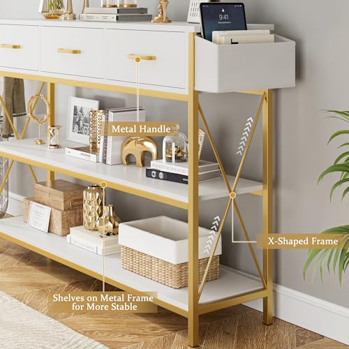 HITHOS 47.2" Console Table with 3 Drawers, Narrow Long Entryway Table with 3-Tier Storage Shelves, Industrial Sofa Foyer Table for Living Room, Hallway, Entry Way, Foyer, Kitchen, White/Gold HITHOS