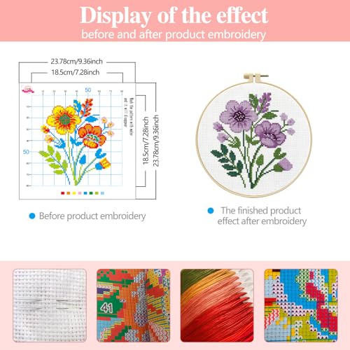 Zhenqing Purple Floral Bouquet Cross Stitch Kit for Beginners - 11CT 24x24cm Pre-Printed Pattern with Embroidery Hoop, Threads & Tools(70523)
