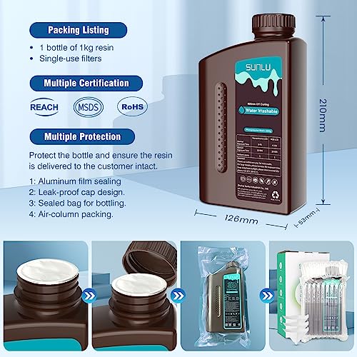 SUNLU Water Washable 3D Printer Resin, 1kg Fast Curing 3D Resin for 2K 4K 8K LCD DLP SLA Resin 3D Printer, 395-405nm UV Curing 3D Printing Photopolymer Resin 1000g, Low Shrinkage High Precision, White