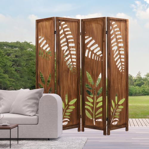 Giantex Boho Rustic Room Divider, 4 Panel Carved Leaf Folding Wood Screen, Fully Assembled, 67'' Freestanding Privacy Partition Decorative Wall, Foldable Room Separator for Bedroom, Brown Giantex