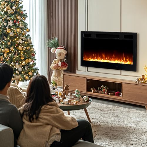 ROVSUN 30'' Electric Fireplace, 2-in-1 Ultra-Thin Wall Mounted & Recessed Fireplace with WiFi & Remote Control & Touch Screen, 1500W Wall Heater with 12 Realistic Flame Color, Timer & Crystal ROVSUN