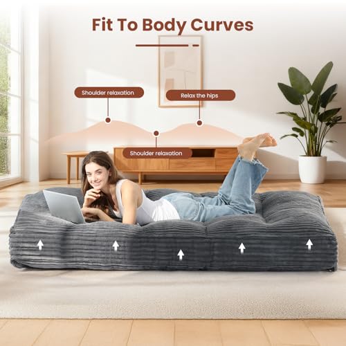 feliz home 10" Futon Mattress Queen Size,Futons Sofa Couch Bed with Straps, Thick Corduroy Floor Mattress for Adults, Roll Up Folding Mattress Shredded Foam Filling, Medium Firm (Gray, Queen) feliz home