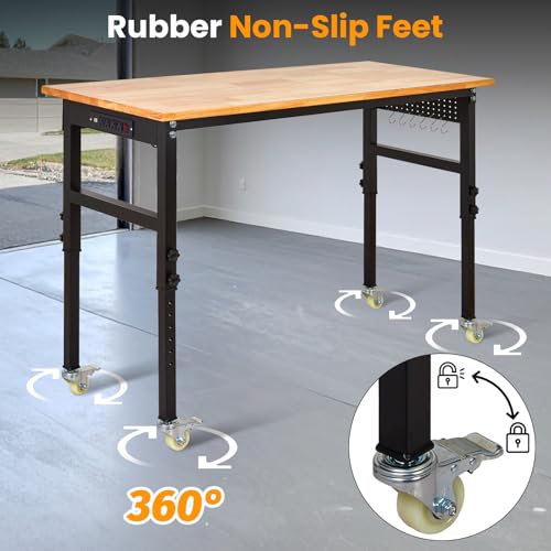 Heavy-Duty Adjustable Garage Workbench 60" L x 24" W – 2000 LBS Capacity with ETL Power Outlet, Rubberwood Top for Woodworking, Welding, Crafting & Home Office (29.5"-39.4" Height Adjust) EliteEdge