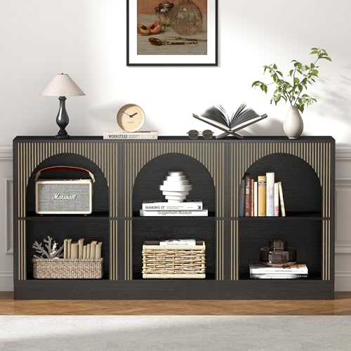 weselon Console Table with 3-Tier Open Storage, 63" Arched Entryway Table with Carved Fluted Panels, Rectangular Wooden Sofa Table for Living Room, Hallway, or Behind Couch (1, Black) weselon