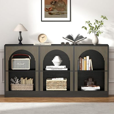 weselon Console Table with 3-Tier Open Storage, 63" Arched Entryway Table with Carved Fluted Panels, Rectangular Wooden Sofa Table for Living Room, Hallway, or Behind Couch (1, Black)