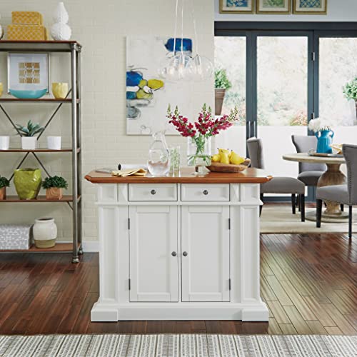 Homestyles Americana Kitchen Island with Wood Top and Drop Leaf Breakfast Bar, Storage with Drawers and Adjustable Shelves, 50 Inch Width, 49.75 inches, White and Oak homestyles