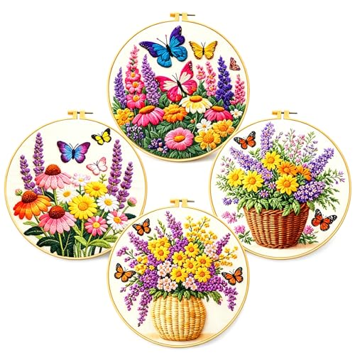 Zhenqing Butterfly Flower Embroidery Kit 4 Pack, Beginner Floral Craft Set with 20cm Hoop, Printed Patterns on 29x29cm Cotton Fabric, DIY Nature Design (JC0083)