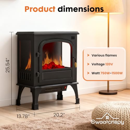 Sweetcrispy Freestanding Electric Fireplace Heater, 26” Indoor Fireplace with 3D Flame Effect, Overheating Safe Design, Energy Saving Space Heater with 12H Timer&Remote for Living Room, Bedroom, Black Sweetcrispy