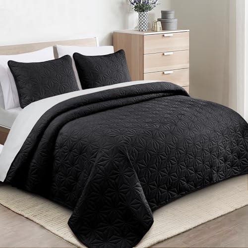 Whale Flotilla California King Quilt Bedding Set, Soft Black Oversized Bedspreads Quilts Cal King Size for All Seasons, 3 Pieces Lightweight Geometric Star Pattern Coverlet Whale Flotilla