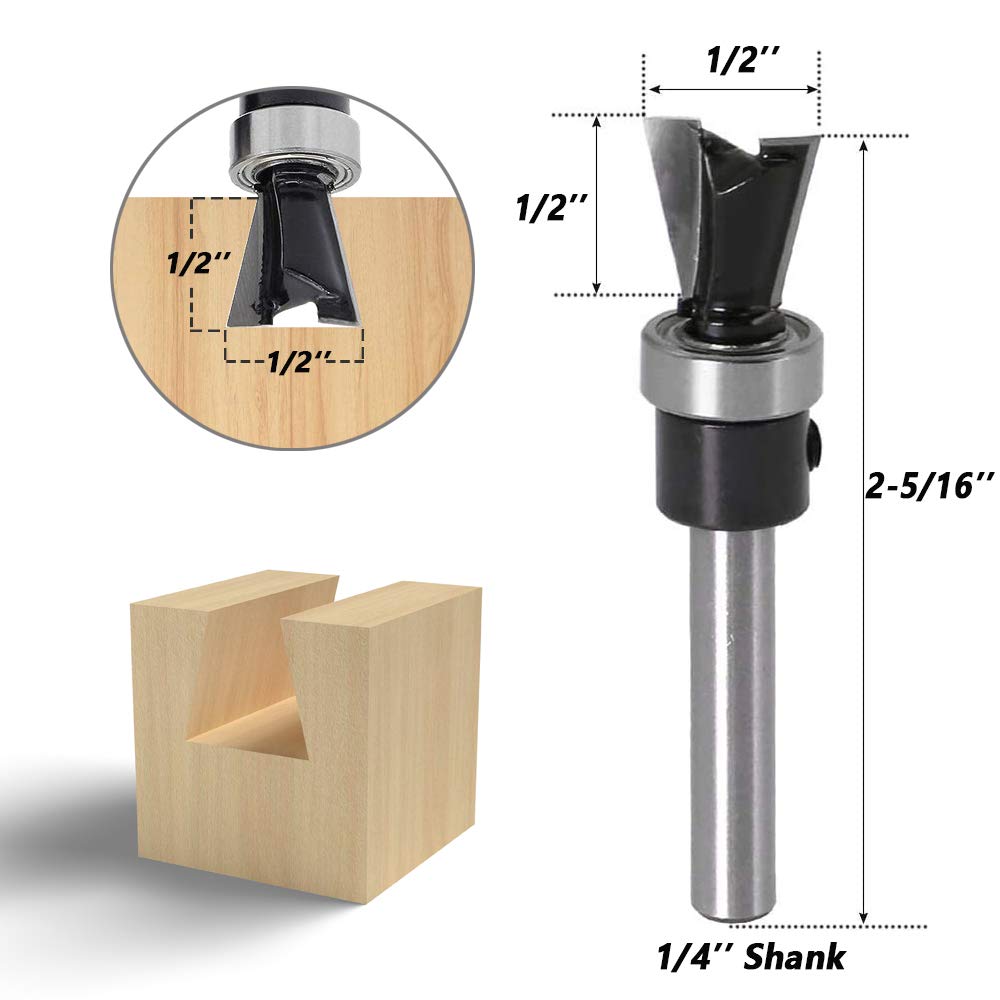 Mesee 2Pcs Dovetail Joint Bearing Router Bits, 1/4 Inch Shank Dovetail Jig Bit Woodworking Milling Cutter Tools for Furniture Building Cabinet Mesee