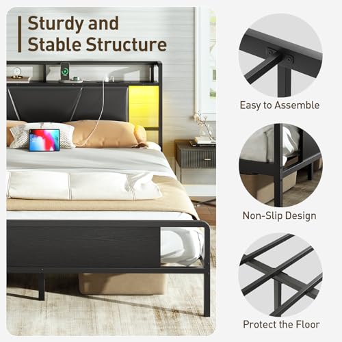 RALGEND Queen Bed Frame with Headboard, LED Upholstered Bed Frame with Charging Station, Metal Platform Bed with Under Bed Storage, No Box Spring Needed, Noise Free, Easy Assembly, Black RALGEND