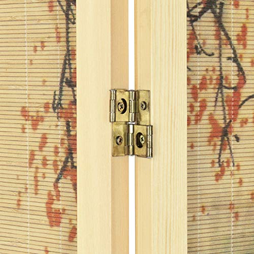 MyGift 4-Panel Folding Bamboo Room Divider Asian-Inspired Cherry Blossom Scene, 6 FT Freestanding Floral Artwork Room Partitioner with Beige Wood Frame MyGift