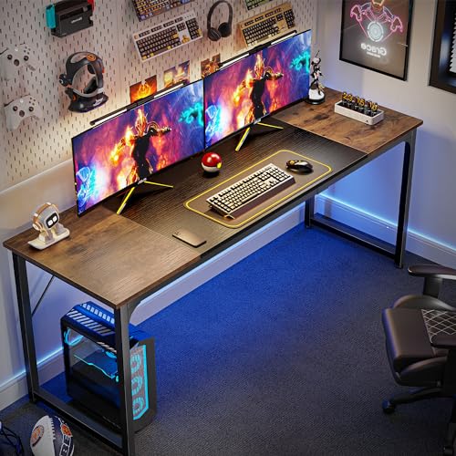 Huuger Computer Desk, 70 Inch Office Desk, Gaming Desk with Storage, Writing Desk Work Desk for Home Office, Study, Long Simple Desk, Large Legroom, Metal Frame, Rustic Brown and Black Huuger
