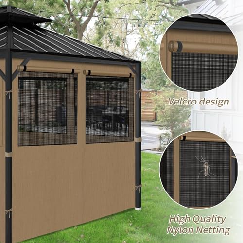 Gazebo Privacy Curtains 10' x 12' with Mosquito Windows, 4-Panels Side Wall with Zipper Universal Replacement for Patio, Outdoor Canopy, Garden and Backyard, Khaki (Curtain Only) aonear