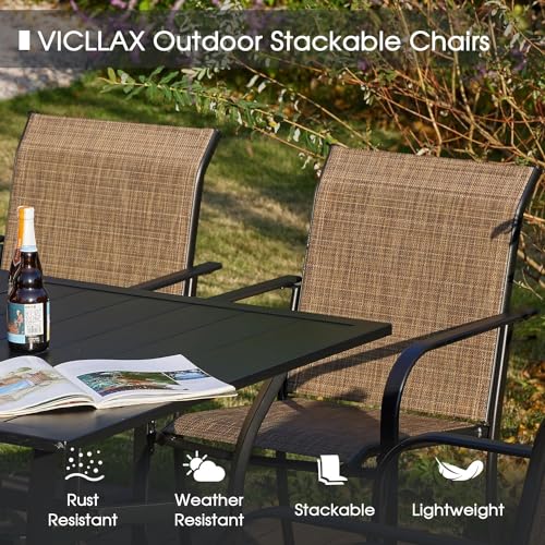 VICLLAX 5 Pieces Patio Dining Set, Outdoor Furniture Set includes 1 Square Patio Table and 4 Stackable Patio Sling Chairs, Outdoor Table and Chairs for Outsides, Walnut Table and Brown Chairs VICLLAX