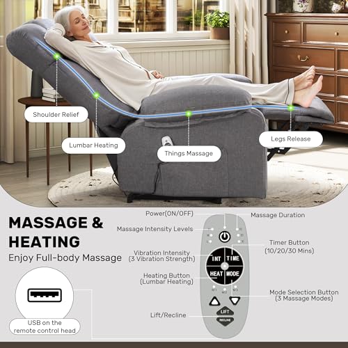 jonpony Power Lift Recliner Chair for Elderly, Big and Tall Lift Chair with Massage and Heat for Living Room, Fabric Electric Recliner Chairs with 4 Side Pockets, USB Charge Port,Grey