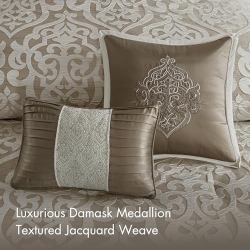 Madison Park Odette Cozy Comforter Set Jacquard Damask Medallion Design - Modern All Season, Down Alternative Bedding, Shams, Decorative Pillows, Cal King(104 in x 92 in), Tan 8 Piece Madison Park