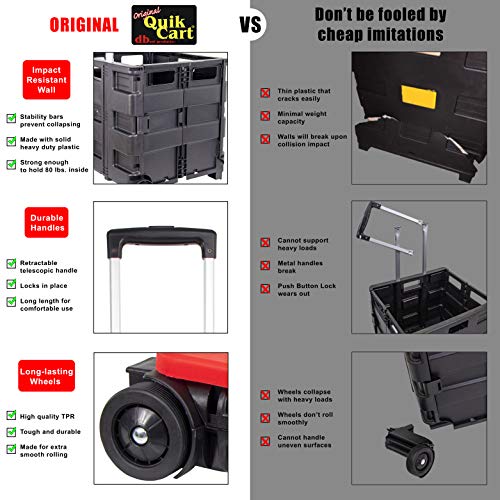 dbest products Quik Cart Collapsible Rolling Crate on Wheels for Teachers Tote Basket 80 lbs Capacity, Made from Heavy Duty Plastic and used as a Seat, Standard, Red dbest products
