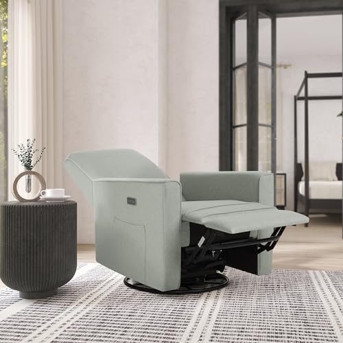 évolur Harlow Upholstered Power Glider Recliner with USB Charging – Rocking & 275° Swivel with Smooth Glide – Greenguard Gold & FSC Certified – Modern Nursery and Living Room Chair in Light Grey