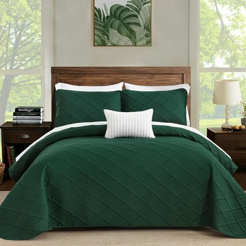 Yiran Quilts King Size, Emerald Green Spring Summer Bedspread Bedding Set, 3 Pieces Diamond Pattern Thin Lightweight Coverlet with 2 Pillow Shams for All Season 106x96 Inch