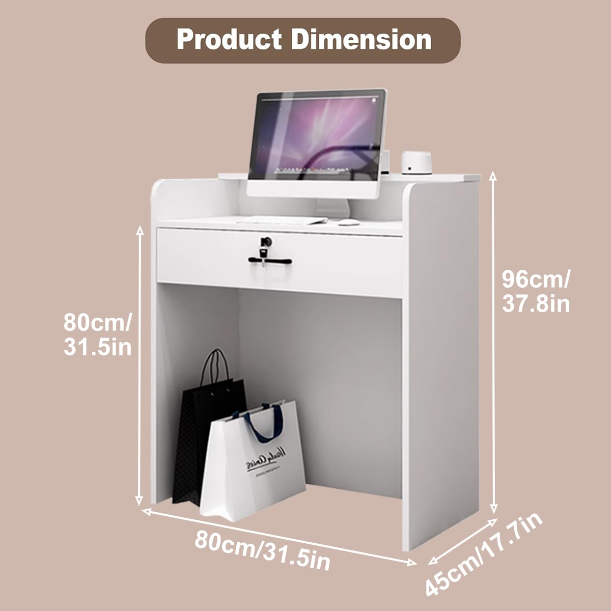 Reception Desk with Counter LED Light, Modern Front Desk with Lockable Drawer, White Retail Checkout Counter for Clothing Store Lobby Beauty Salon (White, 37.8x31.5x15.7in) CDDUOLA