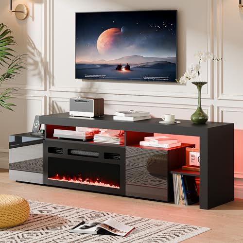 Cozy Castle 73.2 Inch Fireplace TV Stand with Storage,30" Electric Fireplace,LED Entertainment Center Tv Console for 65 70 80"Tv,High Gloss Modern Tv Stand with Charging Station for Living Room,Black Cozy Castle