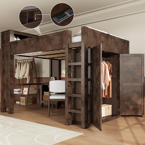 Queen Size Wooden Loft Bed with Wardrobe,Stairs and Desk,Bookcase Headboard with Storage Cabinet and USB Charging Station,for Kids Teens Adults Bedroom,No Box Spring Needed,Brown Harper & Bright Designs