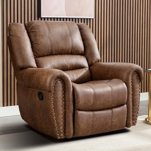 CANMOV Rocker Recliner Chair, Leather Recliner Chair with Overstuffed Backrest and Armrests, Manual Single Sofa for Living Room,Bedroom, Nut Brown