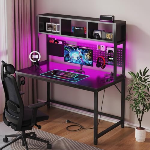 DLisiting Black Gaming Desk with Hutch and Pegboard - 47 Inch Gaming Desk with Shelves Storage Power Outlets, Computer Teen Work Study Writing Desks for Bedroom Home Office DLisiting