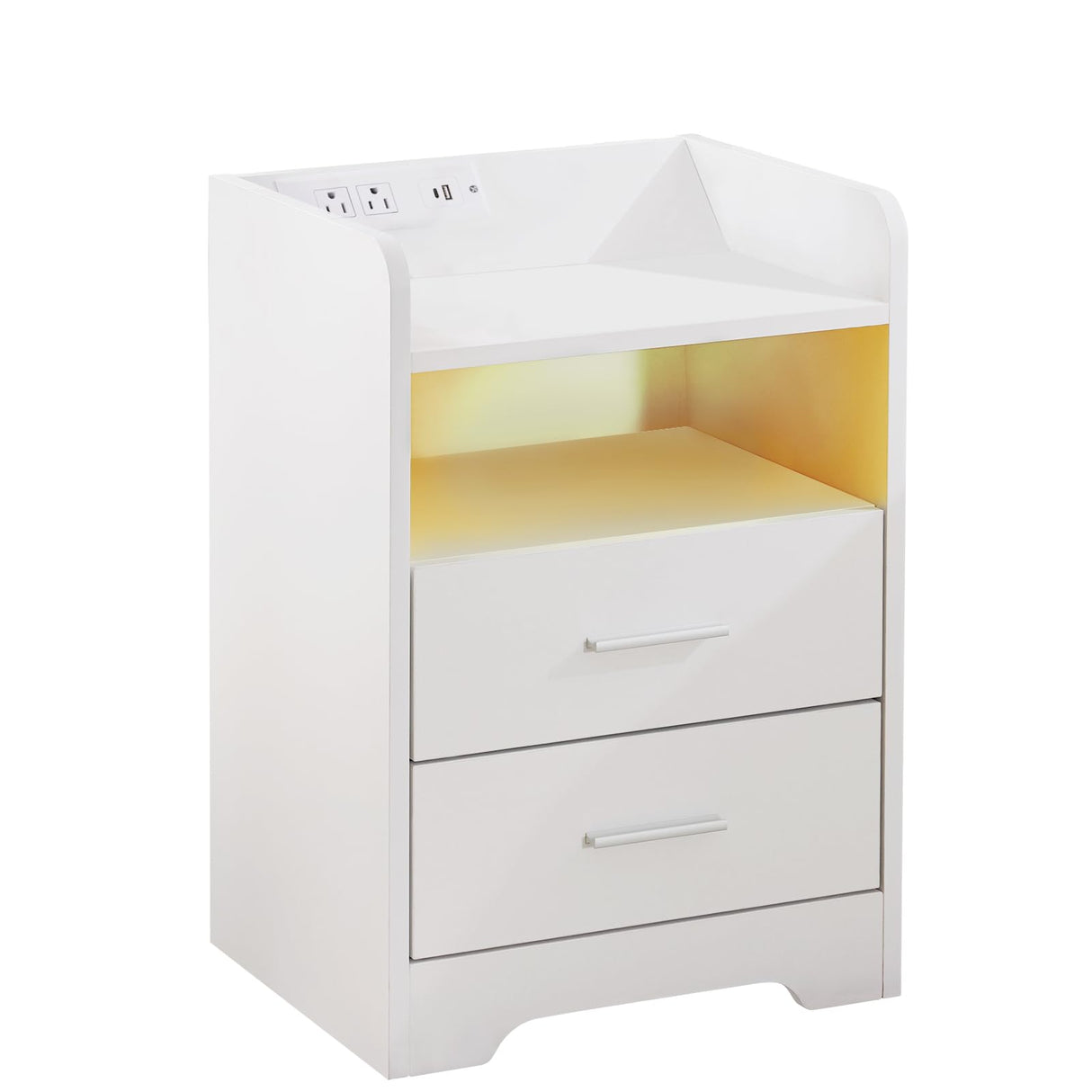 Mellolivin Nightstand with Charging Station and LED Lighting, White Night Stand with 2 Drawers, Modern Wood Nightstand, Bedside Table, End Table for Bedroom and Living Mellolivin