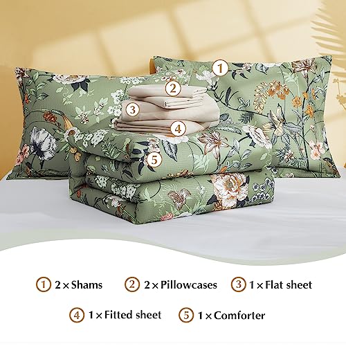 CASAAGUSTO King Size Comforter Set - 7 Pieces Green Floral Bedding Sets, King Bed in a Bag with Botanical Butterfly Comforter, Sheets, Pillowcases & Shams for All Seasons CASAAGUSTO
