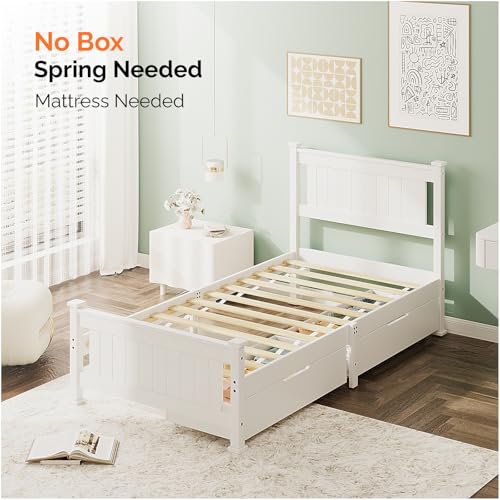 VINGLI Solid Wood Twin Size Bed Frame with Headboard and 2 Storage Drawers,Enhanced Support Single Bed Frame,SModern Minimalist Panel Platform Bed for Kids,Teens, Adults,Guests,Sleigh Bed,White. VINGLI