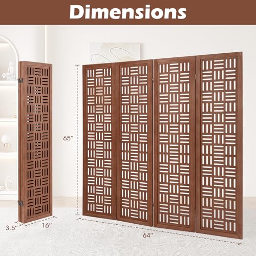 Giantex 4 Panels Room Divider - Folding Room Dividers with Carved Cutout Pattern & Solid Wood Frame, Fully Assembled, 5.5FT Antique Partition Privacy Screen Wall Divider for Room Separation, Brown Giantex