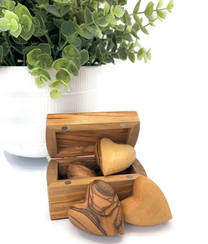 Handmade Wooden Hearts, Set of Five Olive Wood Carved Hearts from the Holy Land, Carved Wood Hearts for gifts Anniversary Valentine Gift, Loss Love, Wooden Hearts for Wedding, Wood Heart Décor iHoly Land Crafts