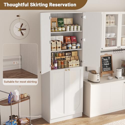 Cyclysio 80" Extra Tall Kitchen Pantry, Arched Storage Cabinet with 4 Doors and Adjustable Shelves, Freestanding Wood Cupboard with Seamless Fit Wall for Living Dining Room Bathroom Cyclysio