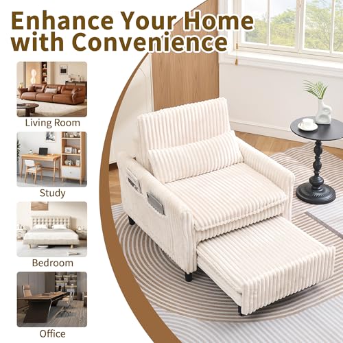 Majnesvon Modern Corduroy Fabric Sofa Bed Futon,3 in 1 Convertible Pullout Sleeper Couches with 3 Reclining Backrests,Small Sofa Chair Bed for Living Room Bedroom (White) Majnesvon