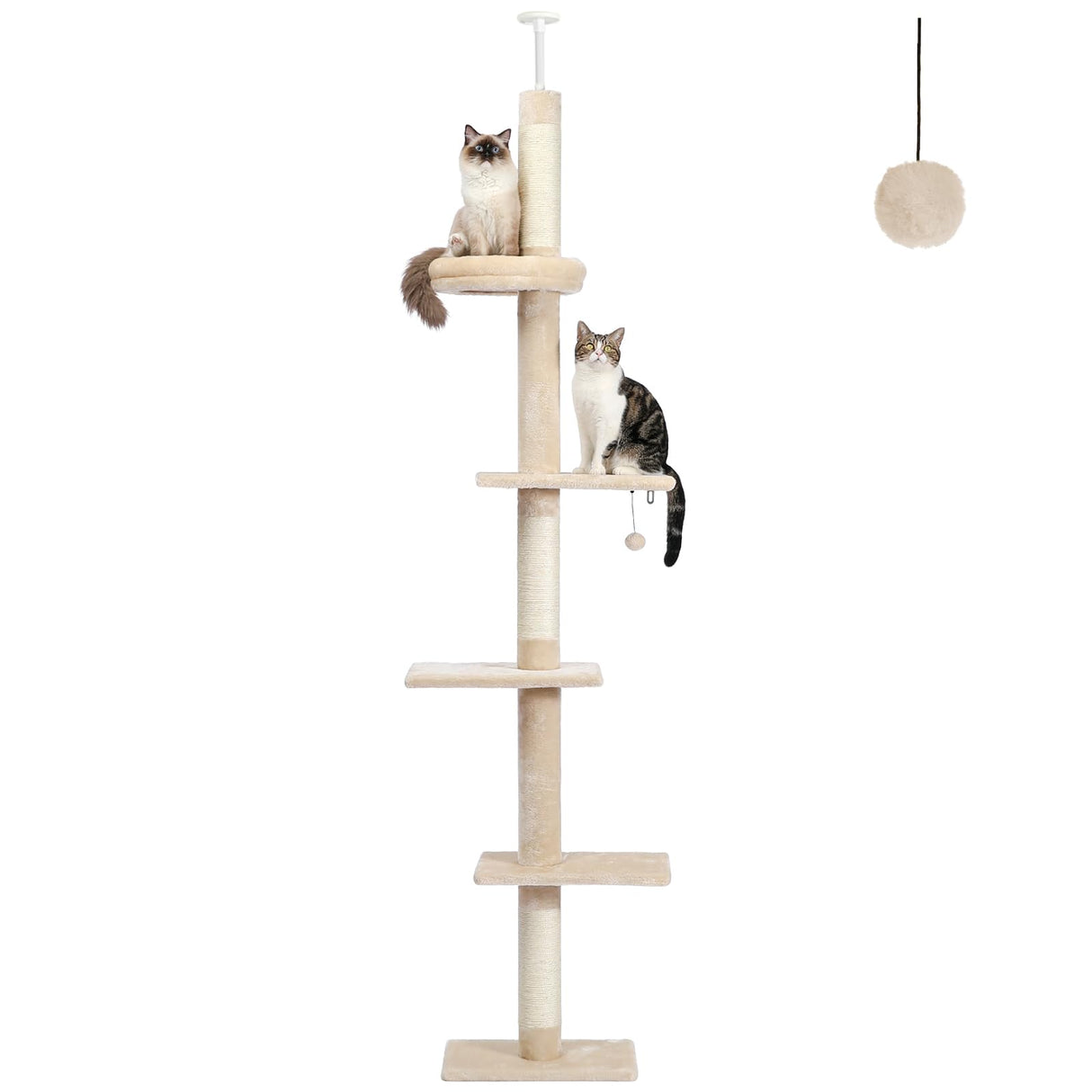 PETEPELA Floor to Ceiling Cat Tree, Cat Tower 5-Tier Height(95-107 Inches) Adjustable, Tall Cat Climbing Tree Featuring with Scratching Post, Cozy Bed,Interactive Ball Toy for Indoor Cats/Kitten Beige PETEPELA