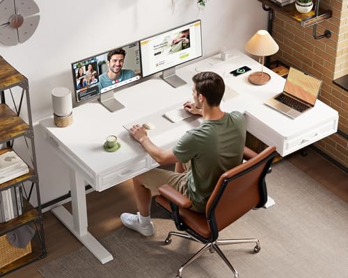 OffiGo L Shaped Electric Standing Desk with Wooden Drawers, 55 Inch Height Adjustable Corner Workstation with Power Outlets, Sit Stand Table for Home, Office, White OffiGo