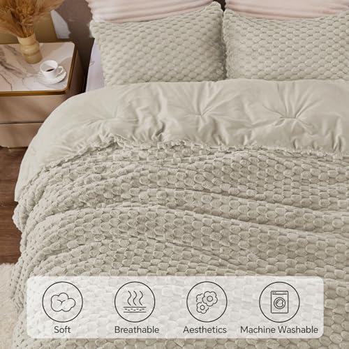 BEDELITE Fluffy King Size Comforter Set - Linen Fleece Soft Comforter for King Size Bed, Luxury Warm Bedding Set for Winter, Fuzzy Bed Set 3 Pieces (1 Comforter, 2 Pillowcases) BEDELITE