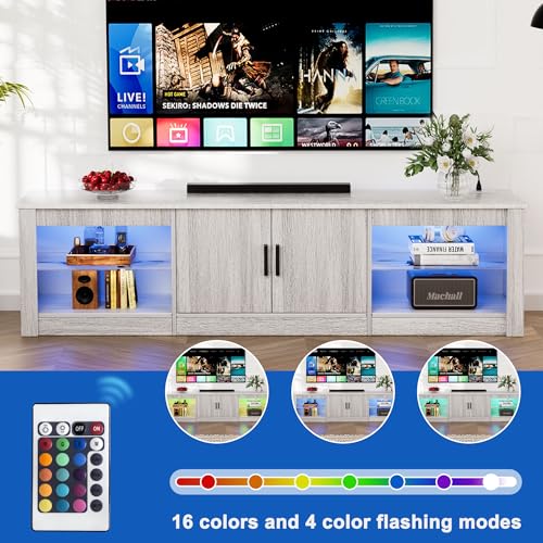 Algglobuy Modern TV Stand for 65 Inch TV with LED Lights, Entertainment Center with Adjustable Tempered Glass Shelves & Power Outlets, Media TV Console Table for Living Room, Bedroom Algglobuy