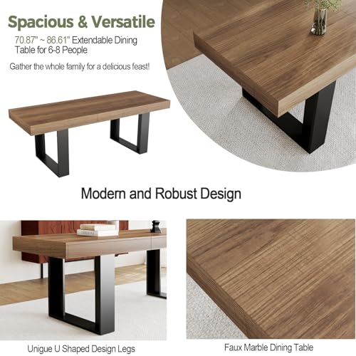 STHOUYN Farmhouse Rustic Extendable Dining Room Table for 8 10, 70.9" (86.6") x 31.5", Rectangular Dinner Table for 6-10, Mid Century Modern Expandable Retractable Wooden Kitchen Table (Brown) STHOUYN