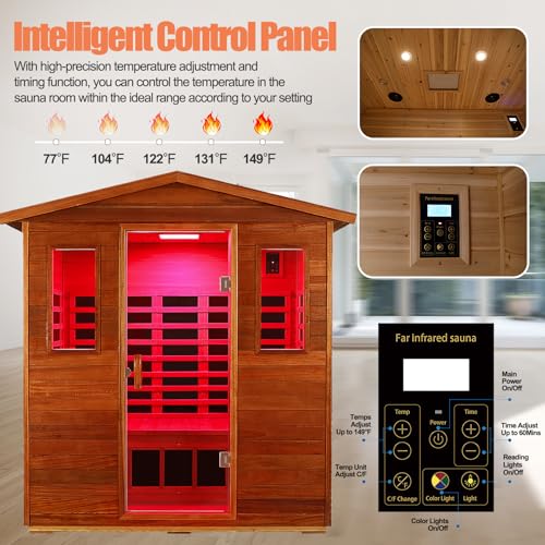 3 Person Sauna Outdoor Sauna Far Infrared Saunas Ultra Low EMF Infrared Sauna for Home 1950W 20Amps Indoor Sauna Mahogany Wooden Sauna Spa with Beauty Red Light, Foldable Seat, Headrest, 0-5mG SALUSHEAT