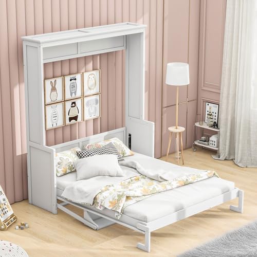 FAVSH Queen Size Murphy Bed with Shelf, Modern Solid Pine Wood Wall Bed, Space-Saving Hidden Bed,Fold-The-Way Bed for Bedroom,No Box Spring Needed,White FAVSH