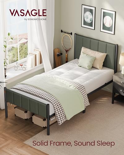 VASAGLE Twin Bed Frame with Upholstered Headboard, Metal Bed Frame Twin Size with Footboard, 550 lb Weight Capacity, Steel Slats, Easy Assembly, No Box Spring Needed, Forest Green URMB983C01V1 VASAGLE