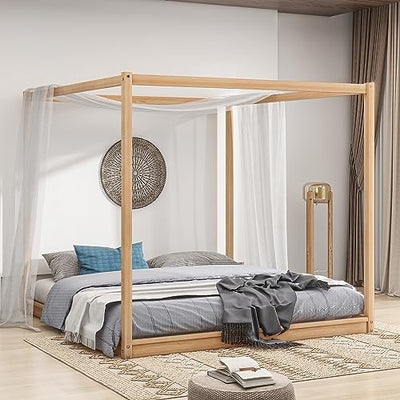 Favfurish Natural King Size Canopy Platform Bed Frame with Support Legs
