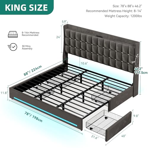 YITAHOME King Size Bed Frame with 4 Drawers and RGB LED Lights, Velvet Upholstered Platform Bed with Charging Station and Storage Headboard, No Box Spring Needed, Easy Assembly, Noise-Free, Grey YITAHOME
