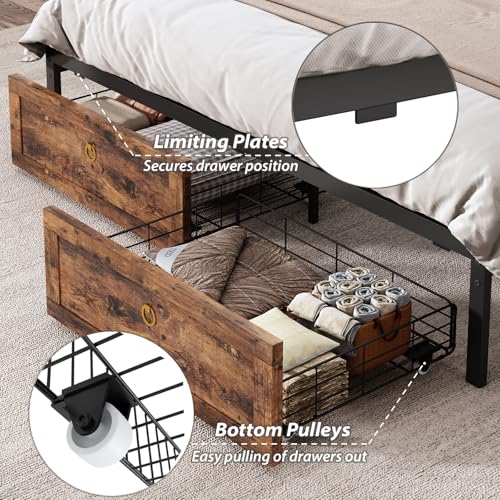 TIGUBFRE King Size Bed Frames with Storage Headboard and 4 Drawers, Farmhouse Platform Bed Frame with Charging Station & LED Lights, Metal Slats Support, Noise Free, No Box Spring Needed, Rustic Brown TIGUBFRE