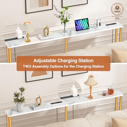 Keelian 78Inch Console Table with Outlet, Sofa Table with Charger,Skinny Hallway Table, Narrow Entryway Table,Table Behind Sofa,for Living Room,Gold & White Keelian